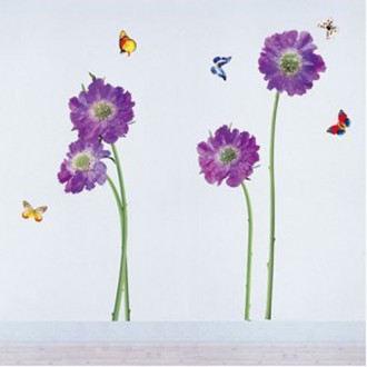 Colorful Butterfly Flying Around the Purple Flower Wall Sticker